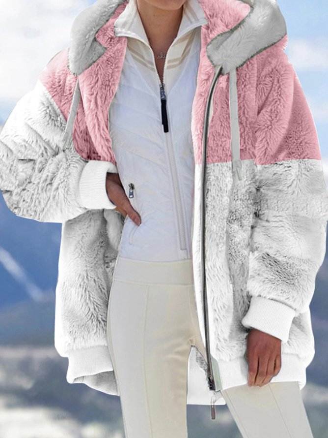 Kapuze Langarm Farbblock Reißverschluss Vlies Weit Mit Kapuze Teddy Jacke für Damen