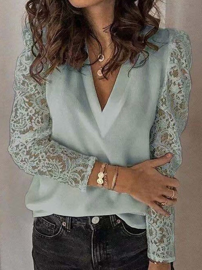 V-Ausschnitt Langarm Unifarben Spitze Regelmäßig Weit Bluse für Damen