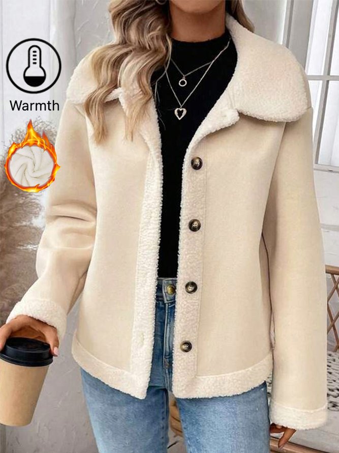 Damen Unifarben Schnalle Vlies Weit Teddy Jacke