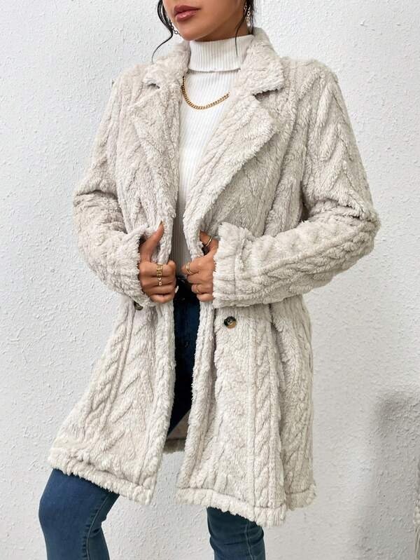 Damen Unifarben Jacquard Vlies Weit Teddy Jacke
