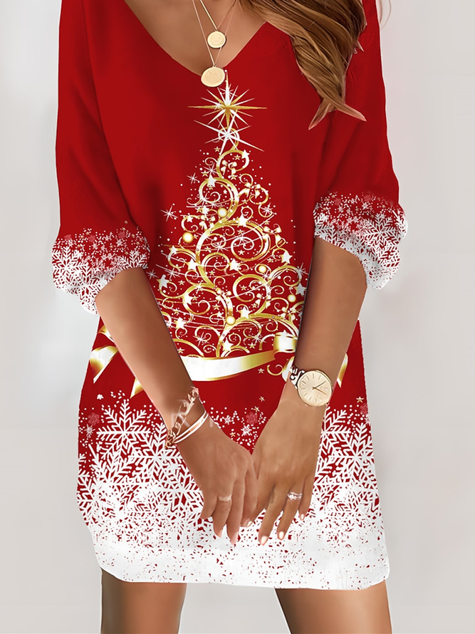 Damen Weihnachten V-Ausschnitt Langarm Bequem Lässig Kurz Kleid