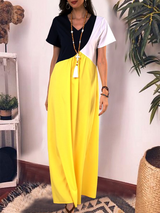 Lässiges Maxikleid mit Farbblock und Kurzarm