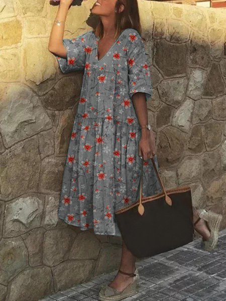 Retro Große Größen Damen Kurzarm V-Ausschnitt Blumenmuster Freizeitkleid