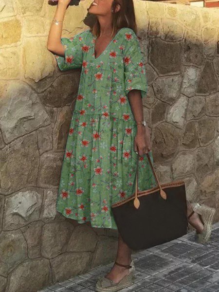 Retro Große Größen Damen Kurzarm V-Ausschnitt Blumenmuster Freizeitkleid