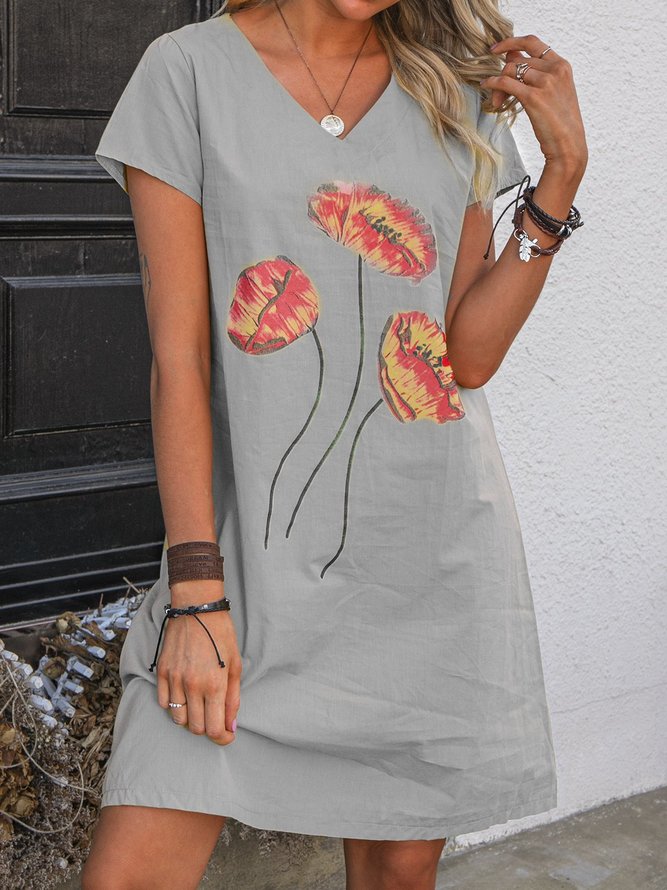 Lässiges Einfarbiges Kleid mit Bestickter Blumen