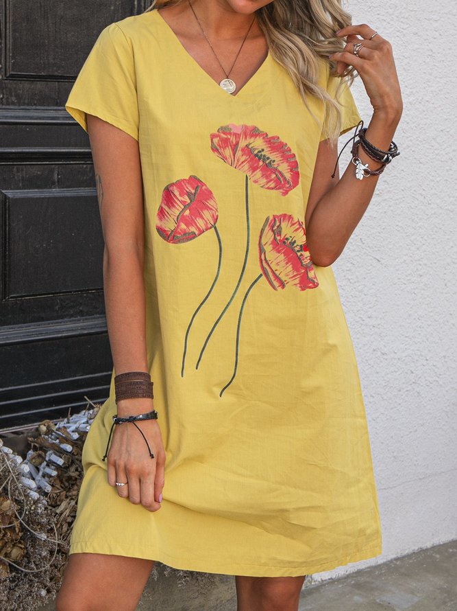 Lässiges Einfarbiges Kleid mit Bestickter Blumen