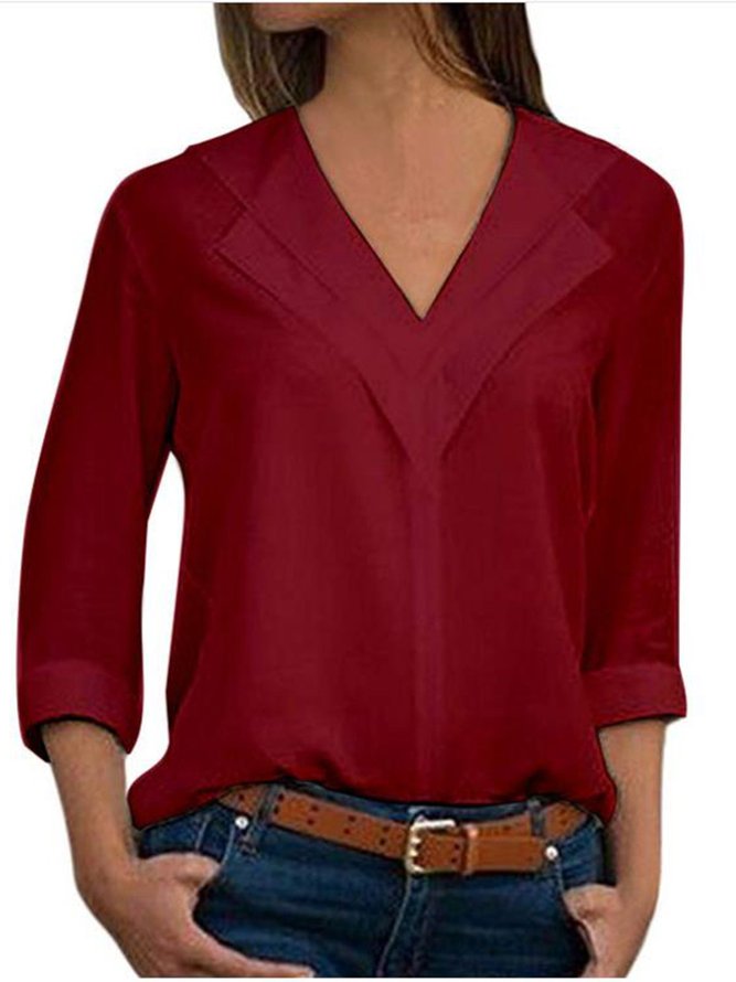 Unifarben V-Ausschnitt-Bluse mit Langarm