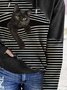 Schwarz Katze Print Patchwork Gestreift Langarm Mit Kapuze Sweatshirts