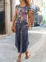 Blumen Stoffdruck Kleid Maxi Rundhals Kurzarm Lässig Urlaub Noracora