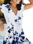 Geblümt Kurzarm Print Baumwollmischung V-Ausschnitt Retro Sommer Blau Kleid