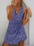 Geblümt  Ärmellos  Print Baumwollmischung V-Ausschnitt  Sexy  Sommer  Blau Kleid