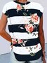 Lässig Streifen Blumen Print Fledermaus-Ärmel Normal T-Shirt