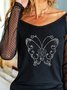 Schwarzer Schmetterling Lässig Party Verein Spitze Paneeliert Langarm Normal Shirts & Blusen
