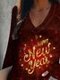 Glücklich Neu Jahr Langarm V-Ausschnitt Große Größen Print Shirts & Blusen T-Shirts