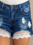 Blau und Weiß Spitze Manschetten betrübt Denim Shorts Unifarben Locker Denim Shorts