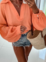 Lässig Unifarben Herbst Baumwolle V-Ausschnitt Täglich Weit Regelmäßig H-Linie Bluse für Damen