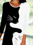 Lässig Herbst Katze Normal Rock Langarm Rundhals A-Linien Regelmäßig Größe Kleider für Damen