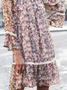 Geblümt Spitzenrand Karree-Ausschnitt Tunika Kleid