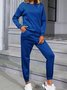 Unifarben Langarm Rundhals Lässig Bluse mit Hose Zweiteiliges Set