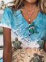 Lässig Meeresschildkröte Print Jersey V-Ausschnitt T-Shirt