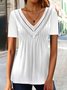 Unifarben Lässig V-Ausschnitt Jersey Patchwork Spitze Tunika Bluse