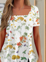 Jersey Karree-Ausschnitt Lässig Blumenmuster Tunika Bluse