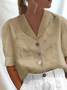 Schalkragen Kurzarm Kontrastnaht Geknöpft Regelmäßig Weit Tunika Bluse für Damen