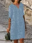 Unifarben Kurzärmeliges Leinenkleid mit V-Ausschnitt und Blume-Muster Noracora