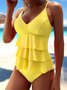 Lässig Unifarben Volant V-Ausschnitt Tankini