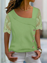 Lässig Unifarben Sommer Asymmetrischer Hals Geknöpft Spitze Mesh H-Linie Bluse Noracora