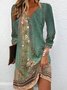 Retro-Blumen-Druck Kleid mit V-Ausschnitt und Langärmel für Urlaub&Alltag Noracora