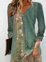 Retro-Blumen-Druck Kleid mit V-Ausschnitt und Langärmel für Urlaub&Alltag Noracora