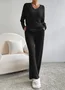 Damen Unifarben V-Ausschnitt Langarm Bequem Lässig Bluse mit Hose Zweiteiliges Set