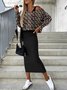 Damen Geometrisch Rundhals Langarm Bequem Lässig Bluse mit Rock Zweiteiliges Set
