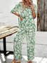 Damen Geometrisch Hemdkragen Kurzarm Bequem Lässig Bluse mit Hose Zweiteiliges Set