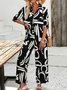 Damen Geometrisch Hemdkragen Kurzarm Bequem Lässig Bluse mit Hose Zweiteiliges Set