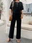 Damen Unifarben Rundhals Kurzarm Bequem Lässig Bluse mit Rock Zweiteiliges Set