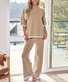 Damen Unifarben Rundhals Halbarm Bequem Lässig Bluse mit Hose Zweiteiliges Set