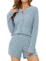 Damen Unifarben V-Ausschnitt Langarm Bequem Lässig Bluse mit Hose Zweiteiliges Set