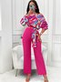 Damen Abstrakt Carmen Langarm Bequem Lässig Bluse mit Hose Zweiteiliges Set