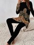 Damen Geometrisch Rundhals Langarm Bequem Lässig Bluse mit Hose Zweiteiliges Set