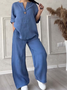 Damen Unifarben Kapuze Langarm Bequem Lässig Bluse mit Hose Zweiteiliges Set