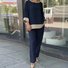 Damen Farbblock Rundhals Dreiviertelärmel Bequem Lässig Bluse mit Hose Zweiteiliges Set