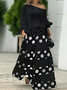 Damen Polka Dots Dreiviertelärmel Bequem Lässig Bluse mit Rock Zweiteiliges Set