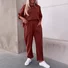 Damen Unifarben Rundhals Dreiviertelärmel Bequem Lässig Bluse mit Hose Zweiteiliges Set