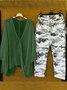 Damen Camo V-Ausschnitt Dreiviertelärmel Bequem Lässig Bluse mit Hose Zweiteiliges Set