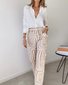 Damen Abstrakt Schalkragen Langarm Bequem Lässig Bluse mit Hose Zweiteiliges Set