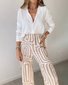 Damen Abstrakt Schalkragen Langarm Bequem Lässig Bluse mit Hose Zweiteiliges Set