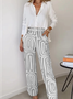 Damen Abstrakt Schalkragen Langarm Bequem Lässig Bluse mit Hose Zweiteiliges Set