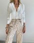 Damen Abstrakt Schalkragen Langarm Bequem Lässig Bluse mit Hose Zweiteiliges Set